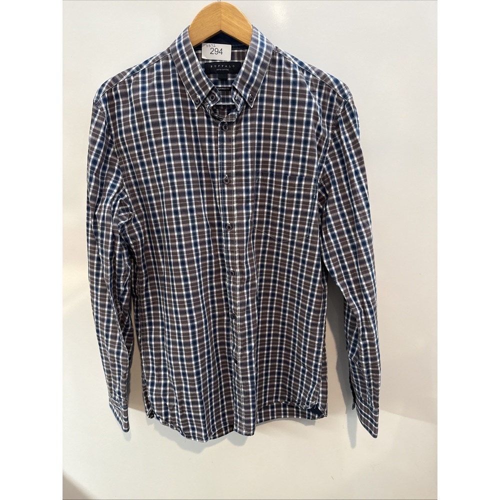 Buffalo David Bitton Shirt Mens Large Tailor Fit Brown Plaid‎ Long Sleeve Button